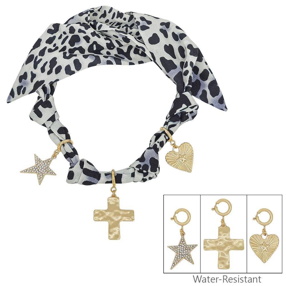 Cheetah Print Scarf Necklace | Black & White with Heart, Cross & Star Charms